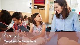  Presentation with elementary - Slide deck featuring three crosses - teacher and kids sitting background and a coral colored foreground