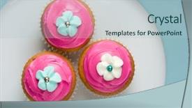  Presentation with cupcakes - Beautiful slide set featuring three cupcakes on a plate backdrop and a light blue colored foreground