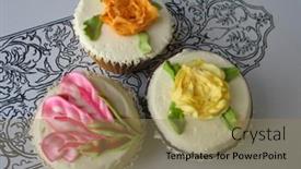  Presentation with cupcakes - Cool new presentation design with three-cupcakes-with-floral-decorations backdrop and a coral colored foreground