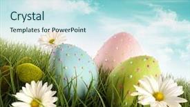  Presentation with easter - Presentation theme with three decorated easter eggs background and a sky blue colored foreground