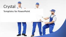  Presentation with empty - Audience pleasing PPT layouts consisting of three delivery men holding empty backdrop and a  colored foreground