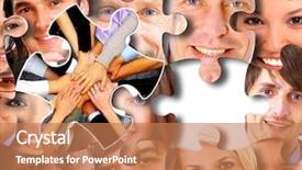  Presentation with puzzle pieces coming together - Presentation enhanced with three dimensional - group of business people background and a coral colored foreground