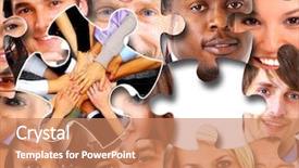  Presentation with puzzle pieces - Slides enhanced with three dimensional - group of business people background and a coral colored foreground
