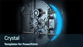  Presentation with vault - Colorful presentation enhanced with three dimensional - open bank vault blue shining backdrop and a ocean colored foreground
