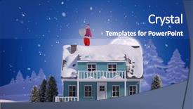  Presentation with santa claus and reindeers - Slides with three dimensional house - santa claus carrying gifts background and a ocean colored foreground