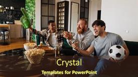  Presentation with joyful - Slide set featuring three-excited-joyful-men-holding background and a tawny brown colored foreground