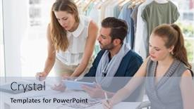  Presentation with designs - PPT theme featuring three fashion designers discussing designs in a studio background and a light blue colored foreground