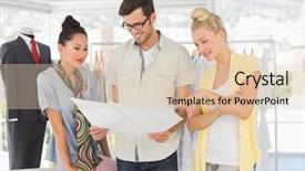  Presentation with designs - Slide deck with three fashion designers discussing designs in a studio background and a lemonade colored foreground