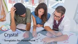  Presentation with working together - PPT theme enhanced with three fashion designers working together background and a light blue colored foreground