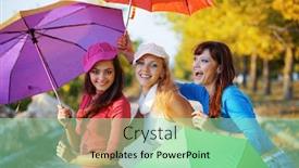  Presentation with tiki colorful beverage umbrellas - PPT theme featuring three fashion teenage girls posing with colorful umbrellas in autumn park background and a mint green colored foreground