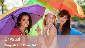  Presentation with tiki colorful beverage umbrellas - Cool new slide deck with girls posing with colorful umbrella backdrop and a coral colored foreground