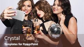  Presentation with disco balls - Colorful PPT theme enhanced with three-fashionable-young-women-dressed backdrop and a tawny brown colored foreground