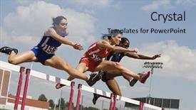 Presentation with athletes - Amazing slide deck having three female athletes clearing hurdles backdrop and a light blue colored foreground