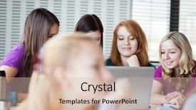  Presentation with chat - Presentation design consisting of three female college students working on their homework having a chat in between the lectures color toned image background and a soft green colored foreground