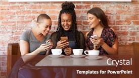  Presentation with meeting table - Cool new slides with three-female-friends-meeting backdrop and a tawny brown colored foreground