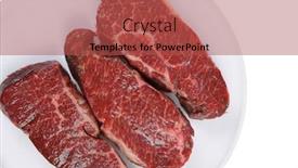  Presentation with fresh meat - Audience pleasing theme consisting of three fresh raw marble beef meat sirloin porterhouse steak on big ceramic cooking pan isolated on white background backdrop and a red colored foreground