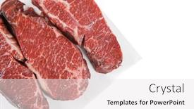  Presentation with wood board - Audience pleasing slides consisting of three fresh raw marble beef meat sirloin porterhouse steak on light wood cut board isolated on white background backdrop and a white colored foreground