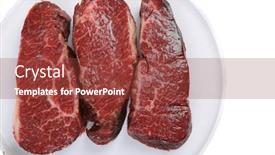  Presentation with fresh meat - Cool new presentation theme with three fresh raw marble beef meat sirloin porterhouse steak on big ceramic cooking pan isolated on white background backdrop and a tawny brown colored foreground