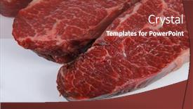  Presentation with fresh meat - Beautiful slide set featuring three fresh raw marble beef meat sirloin porterhouse steak on big ceramic cooking pan isolated on white background backdrop and a tawny brown colored foreground