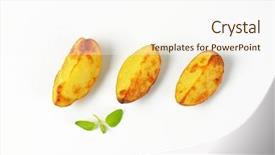  Presentation with ripe golden potato on white - Slide deck featuring three fried potatoes on white background and a cream colored foreground