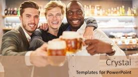  Presentation with pub - PPT theme featuring three-friends-drink-beer-together background and a coral colored foreground