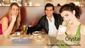  Presentation with restaurant - PPT layouts consisting of three friends in a restaurant background and a coral colored foreground