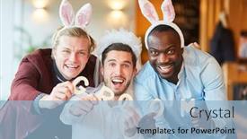  Presentation with celebrate - Slide deck having three-friends-in-funny-disguise background and a light blue colored foreground