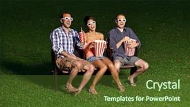  Presentation with cinema - Amazing slide deck having three friends watching a movie backdrop and a tawny brown colored foreground