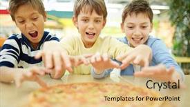  Presentation with pizza - Slide set enhanced with three funny boys eating pizza background and a coral colored foreground