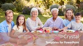  Presentation with generation - Cool new slides with three generation family having lunch in the garden backdrop and a coral colored foreground