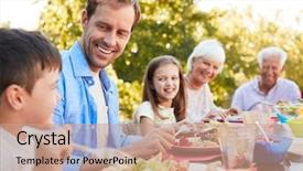  Presentation with lunch - Slide deck enhanced with three generation family having lunch background and a  colored foreground