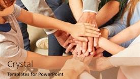  Presentation with synergy - Presentation theme featuring three-generation-family-in-hands background and a coral colored foreground