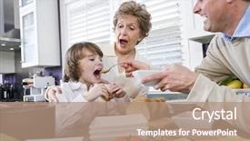  Presentation with family talking - PPT theme featuring three generation family in kitchen background and a coral colored foreground