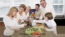  Presentation with family talking - Presentation theme with generational - three generation family in kitchen background and a coral colored foreground