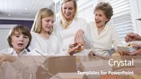  Presentation with family talking - Beautiful slides featuring three generation family in kitchen backdrop and a coral colored foreground