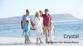  Presentation with holding hands family walking - Slide deck with three generation family on holiday background and a light blue colored foreground