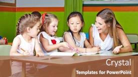  Presentation with kindergarten - PPT theme enhanced with three-girls-and-educators-laugh background and a red colored foreground