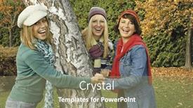  Presentation with keyword - Beautiful PPT theme featuring three girls having fun in a park keyword for this collection is autumn77 backdrop and a coral colored foreground