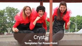  Presentation with black girls - Presentation design featuring three girls in same red-black clothes standing on roof on background of city background and a tawny brown colored foreground