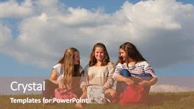  Presentation with blue green - Slide deck with three girls with bags chat background and a coral colored foreground