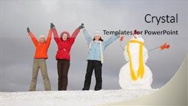  Presentation with snowman - PPT theme featuring three girls with snowman background and a light gray colored foreground