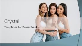  Presentation with three - Presentation design having three-gorgeous-brunette-women-posing background and a white colored foreground