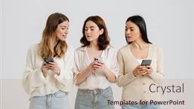  Presentation with three - Presentation theme enhanced with three-gorgeous-brunette-women-posing background and a soft green colored foreground