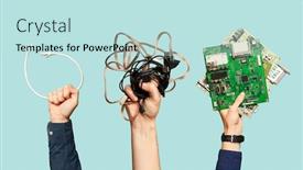  Presentation with electrical - Presentation theme enhanced with three-hands-hold-electrical-waste background and a sky blue colored foreground