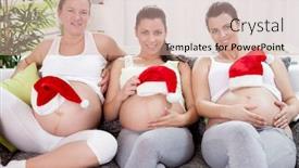  Presentation with happiness - Slides enhanced with three happiness pregnant women with santa hat on bellies sitting on sofa background and a coral colored foreground