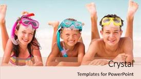  Presentation with face masks - PPT theme with three happy children on beach background and a coral colored foreground