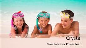  Presentation with face masks - Colorful slide set enhanced with three happy children on beach backdrop and a coral colored foreground
