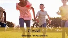  Presentation with children running - Colorful slide set enhanced with teen diversity - three happy children running barefoot backdrop and a gold colored foreground
