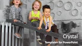  Presentation with stairs - Beautiful slide deck featuring three happy children sitting on the stairs near the gray wall backdrop and a dark gray colored foreground