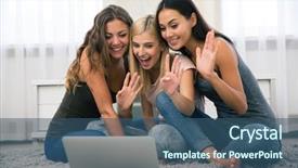  Presentation with computer vision video surveillance - Slide deck with three happy girlfriends making video background and a ocean colored foreground